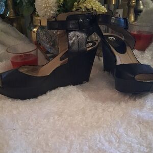 Kenneth Cole Black Peep-Toe Wedges